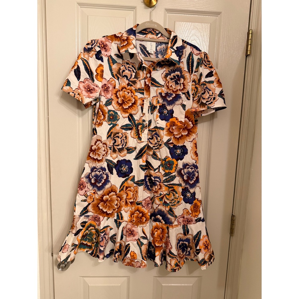 Joie Floral Shirt Dress Orange Blue White Ruffle Hem Mini Size M